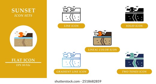 Sunset icons sets. Nature environment concept. Various style icons on isolated background for web design, symbol, sign, presentation, and infographics. EPS 10. 
