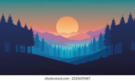Sunset illuminates a misty forest, blending vibrant colors with the soft embrace of fog flat vector illustration