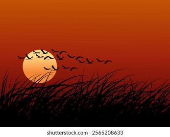 Sunset illustration with flock of birds and grass