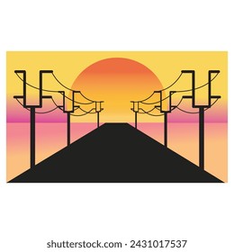 ilustración del atardecer, diseño de paisaje, carretera, poste de electricidad, naturaleza, vector para colorear