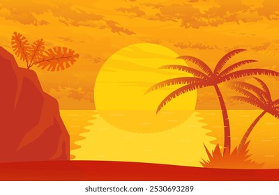 Sunset illustration landscape with palm, hills and beach view. Dramatic scene on orange sky. Beautiful background. 