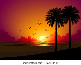 sunset illustration with palm and birds