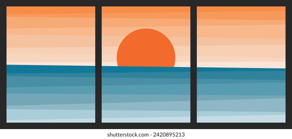 sunset illustration in three panels for paint art and background