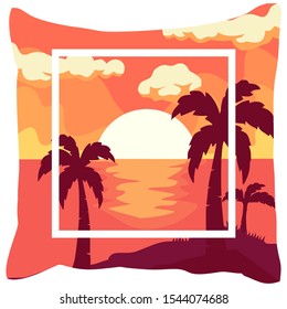Sunset image beach evening sky clouds background illustration design with square pillow vector syle.
