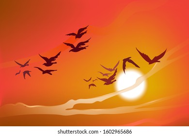 Sunset image with a flock of birds flying.Vector landscape illustration.