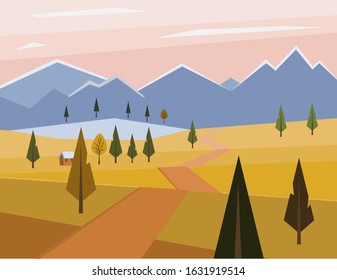 Sunset with the image of mountains, a lake and an autumn field, a house among trees, a road passing through a field surrounded by trees, a picturesque landscape