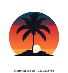 Sunset at the island with coconut palm tree silhouette on vibrant summer color round background vector design