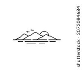 Sunset Island Lake Beach Sea Ocean, Mountain Peak Hill logo design inspiration with line art style