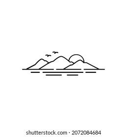 Sunset Island Lake Beach Sea Ocean, Mountain Peak Hill logo design inspiration with line art style - Shutterstock ID 2072084684