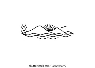 Sunset Island Lake Beach Sea Ocean with Mountain Peak Hill logo design inspiration