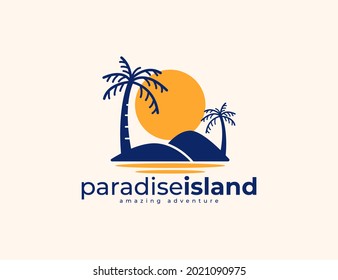 Sunset island and palm tree logo design. Summer island with sun logo. Vacation outdoor adventure concept.