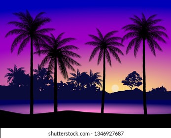 sunset in island with palm trees 