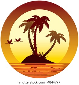 Sunset, island, palms and birds, vector