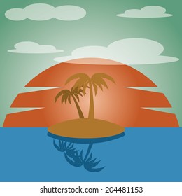 a sunset with an isle and some palm trees