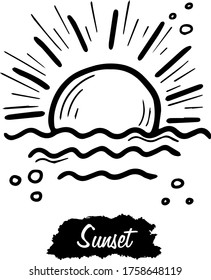 Sunset isolated on white background. Vintage black vector engraving illustration. Hand drawn in a graphic style.