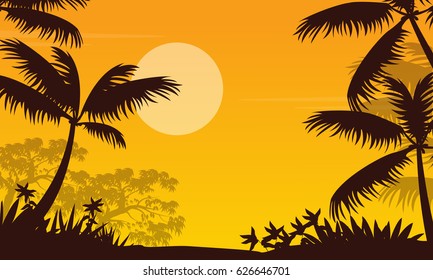 At sunset jungle landscape with palm silhouette