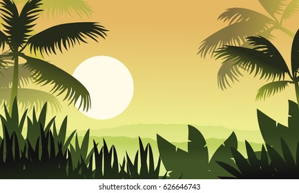 At sunset jungle scenery silhouettes