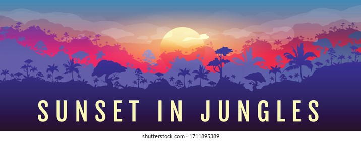 Sonnenuntergang in Dschungeln flache Vektorillustration-Banner-Vorlage. Orangefarbene Sonne auf dem Wald. Panoramablick auf exotische Wälder. Reisen Sie in den Regenwald. tropische 2D-Cartoon-Landschaft mit Wäldern auf Hintergrund
