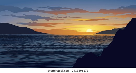 Sunset at lake with hills and rocks