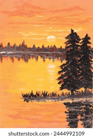 Sunset at the Lake, Sunset Illustration