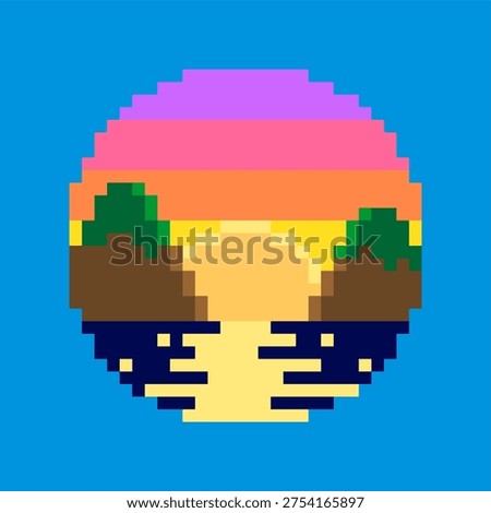 Sunset Lake Landscape Pixel Art Illustration with Hills Reflection, Retro 8 Bit Nature Scenery Icon
