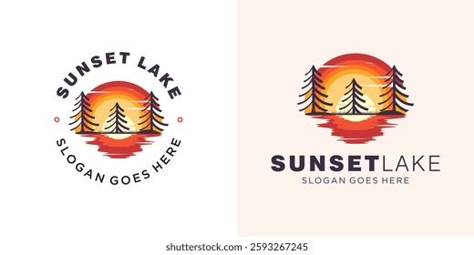 Sunset lake logo design, Lake river in the forest vector, Sun and lake mascot emblem, of a sunset over a still lake, framed by three pine trees, with a rich color palette of reds, oranges, and yellow.