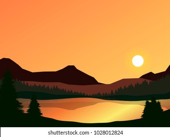 sunset lake vector landscape. nature illustration of glowing sky, pine forest and mountains with reflection on water surface
