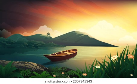 Sunset lake wooden boat with beautiful panoramic vector landscape 