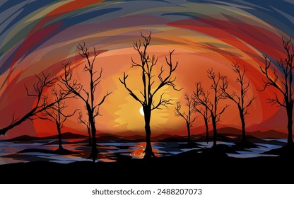 sunset in lakeside forest beyond mountains