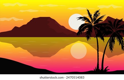 sunset landscape in the afternoon with a backdrop of mountains on the sea and silhouettes of coconut trees