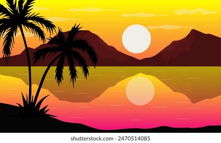 sunset landscape in the afternoon with a backdrop of mountains on the sea and silhouettes of coconut trees
