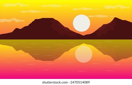 sunset landscape in the afternoon with a backdrop of mountains on the sea and silhouettes of coconut trees