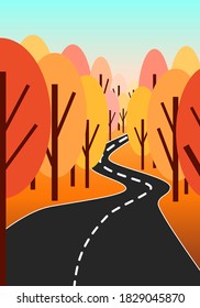 Sunset landscape with autumn trees. Black road in forest. Yellow, red, pink and orange. Blue sky. Vertical vector illustration for postcards, posters, polygraphy, textile, design, interior décor