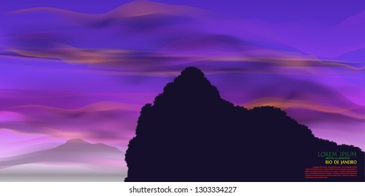 Sunset Landscape background,Minimalist landscape. Mountains,sky,Fog and forest. Vector illustration. panorama, beatiful sky. realistic style.