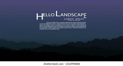 Sunset Landscape background,Minimalist landscape. Mountains,sky,Fog and forest. Vector illustration. panorama, beatiful sky. realistic style.