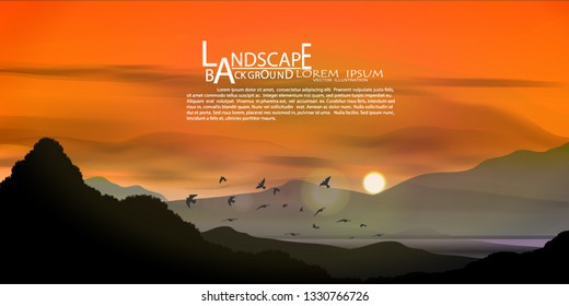 Sunset Landscape background,Minimalist landscape. Mountains,sky,Fog and forest. Vector illustration. panorama, beatiful sky. realistic style.
