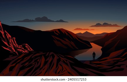 Paisaje atardecer con un mochilero parado solo en la colina y río
