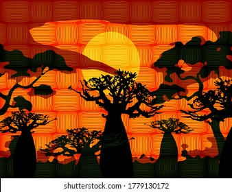 sunset with landscape of baobab trees. Forest of Boab or Baobab Tree background. African Wax Print fabric, weaved fiber pattern batik. Vector cartoon illustration, Andasonia tree silhouette icon svg