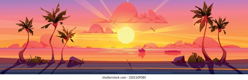 Sunset landscape beach road with palm trees and seascape view with boats. Panoramic background with beautiful tropical dusk, empty highway, red sky and sun go down the sea, Cartoon vector illustration