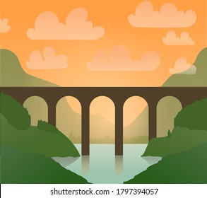 sunset landscape with a beautiful arched bridge over the lake and hills. Illustration of nature during sunset.