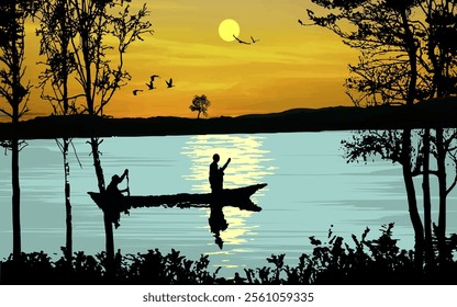 Sunset landscape beautiful sunset sunrise scenery fishermen with boat trees water reflection birds vector illustration