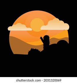 Sunset landscape black background in mountain forest with the sun shining as the cactus grows focus in a circle.