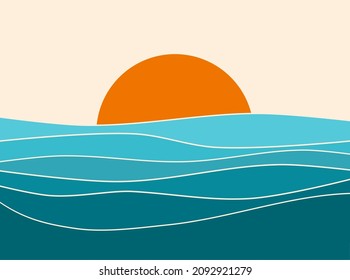 Sunset landscape boho 70's style retro graphic design  blue water ocean waves and abstract vintage art illustration  orange sun color gradient  card  poster  sticker design  simple nature element