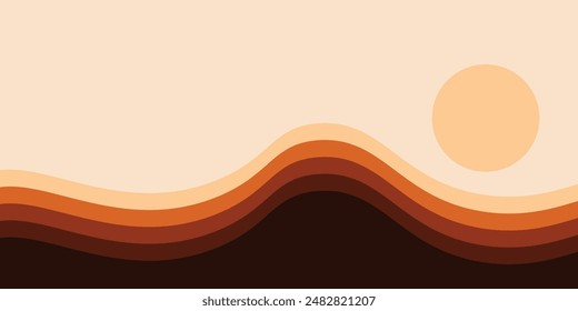 Sunset landscape boho 70's style retro graphic design, waves with abstract vintage art illustration, color gradient, card, poster, sticker design, simple nature element
