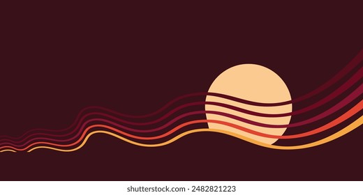 Sunset landscape boho 70's style retro graphic design, waves with abstract vintage art illustration, color gradient, card, poster, sticker design, simple nature element
