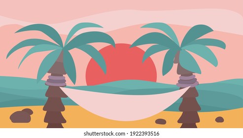 Sunset landscape boho style with sea, sand, palms and hammoc