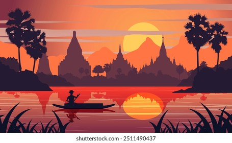 paisaje del atardecer y templo tailandés de Buda con un bote de remo alrededor con tree.countryside de estilo de vida del este.Ilustración vectorial