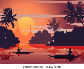 paisaje del atardecer y templo tailandés de Buda con un bote de remo alrededor con tree.countryside de estilo de vida del este.Ilustración vectorial