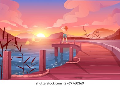 Sunset landscape cartoon with man standing on wooden pier gazing at distant horizon. Serene lake scene with pink sky reflections, mountain silhouettes and peaceful summer evening atmosphere.