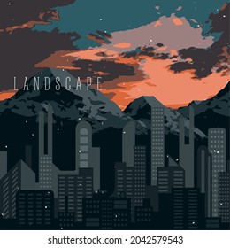 Sunset landscape of a city next to the mountains